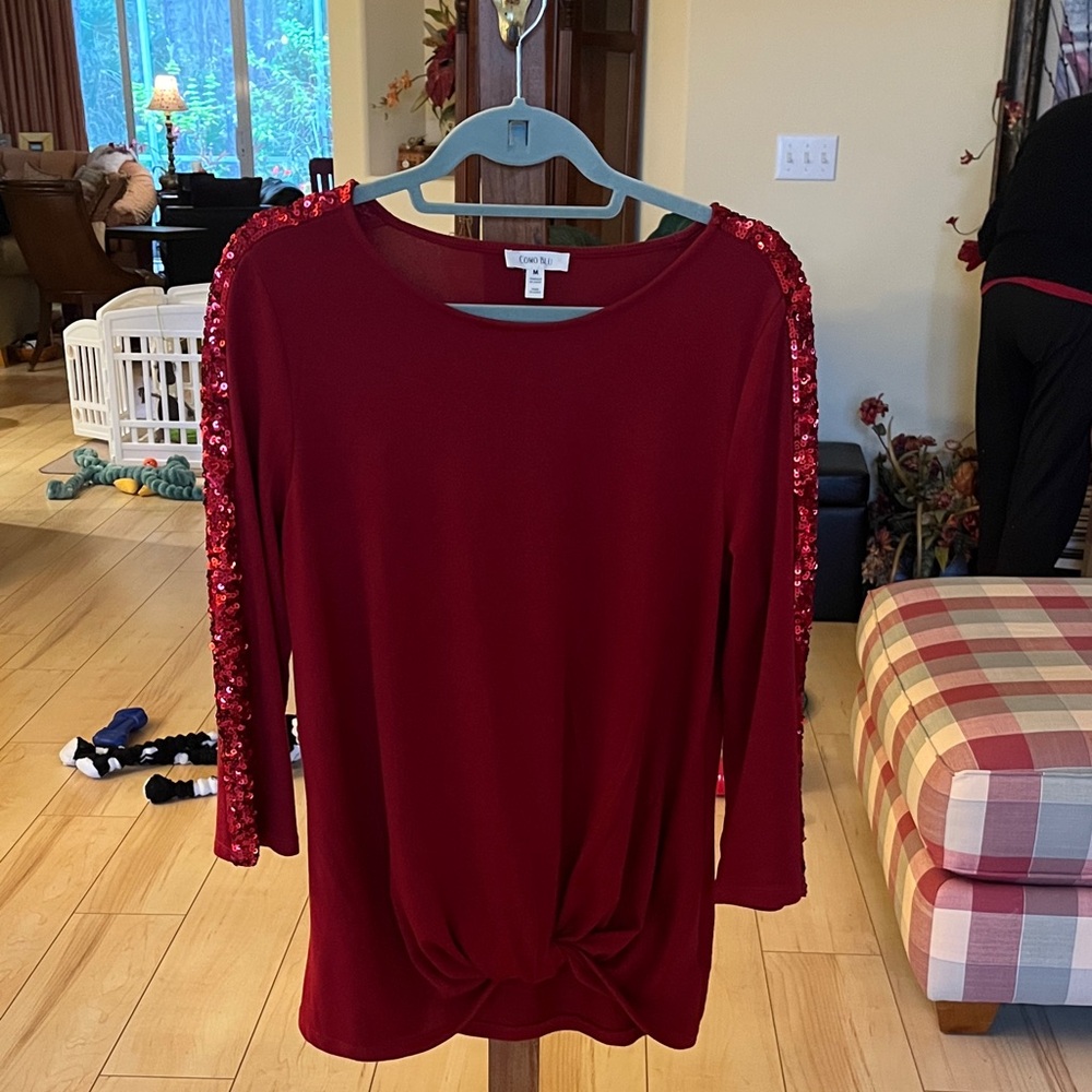 Como Blu Crimson Sequin Sleeve Blouse size Med